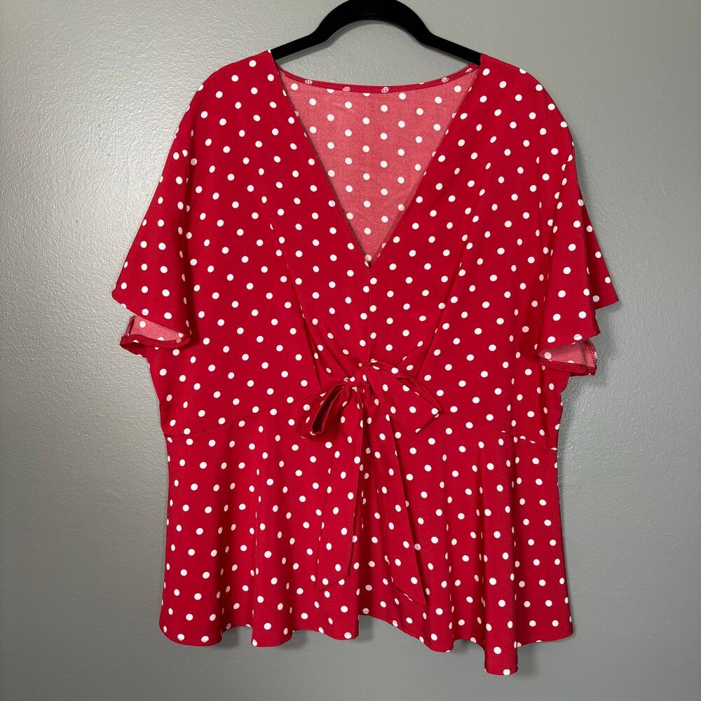 Women's Plus Size Red Polka Dot Tie Waist Short Sleeve Retro Blouse - Size 2X